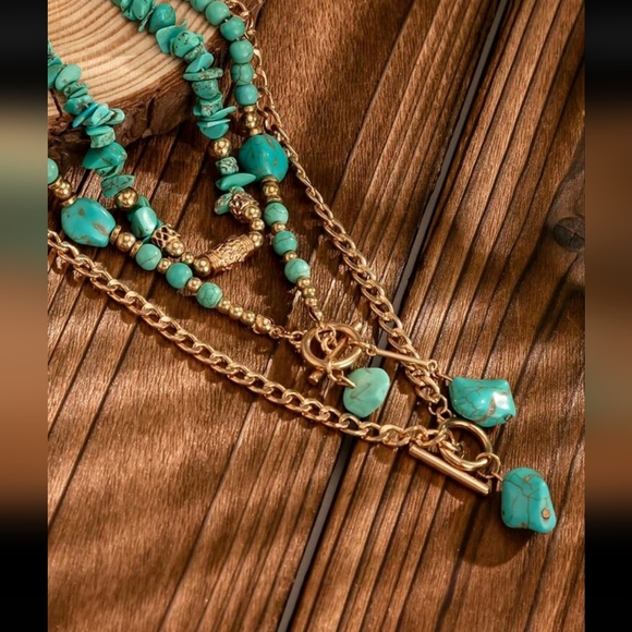 BRAND NEW ** Turquoise and Gold Layered Necklace Set - Picture 2 of 4